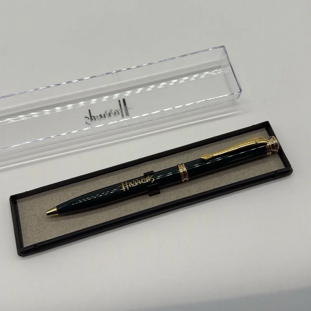 Harrods Knightsbridge Ballpoint Pen Gold Cap & Trim Green Logo in Case - Picture 3 of 3